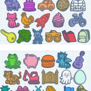 May include: A collection of colorful, cartoon-style STL files, including a cow, cake, car, cookie, jacket, cat, chicken, rocket, cupcake, bicycle, key, broccoli, bunny, monster truck, book, backpack, frog, piggy bank, burger, dragon, guitar, tiger, excavator, gate, ghost, egg, goat, gift, beetle, hot dog, flag, and gorilla.