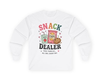 Snack Dealer Long Sleeve Tee — Cute Snack Illustration "Feed Them All" Shirt for Parents & Snack Lovers
