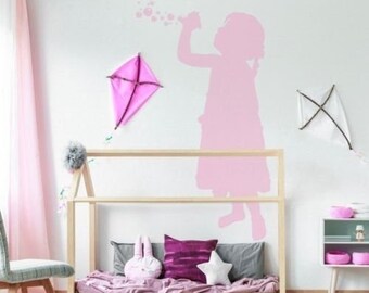 GIRL BLOWING BUBBLES Vinyl Decal, High Quality Detailed Wall Vinyl Silhouette, Wall Decal 30, playroom, flying with bubbles, playing outside