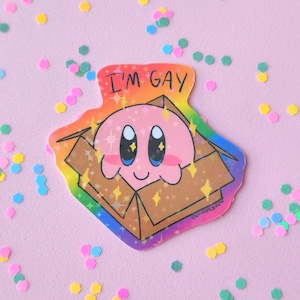 Pegatina de Kirby gay en una caja