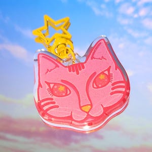 Strawberry Stars Pink Kitty Cat Keychain