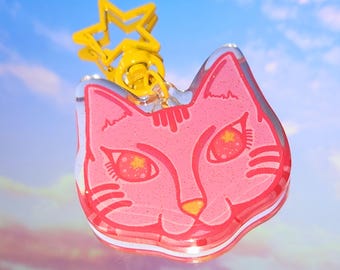 Strawberry Stars Pink Kitty Cat Keychain