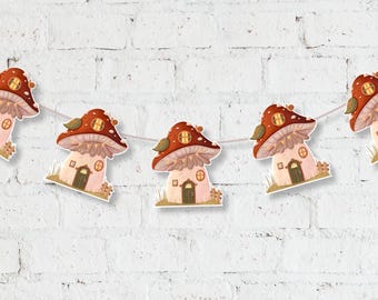 Mushroom kids room decor, Mushroom  house bunting garland, fungi paper decor, Mushroom flag, Paper Mushroom Garland, mushroom Printable
