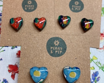 Handmade heart stud earrings, Liberty, surgical steel posts, floral, flowers, red, pink, blue, Mum, friend, wife, Valentines, gift