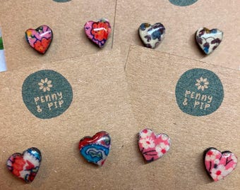 Handmade heart stud earrings, Liberty, surgical steel posts, floral, flowers, red, pink, Mum, friend, wife, Valentines, gift