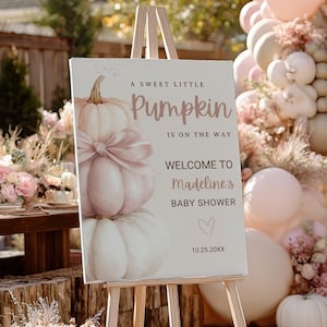 Op de afbeelding: Een ezel toont een bord met de tekst "A Sweet Little Pumpkin is on the Way" en "Welcome to Madeline's Baby Shower." Het bord toont een aquarel illustratie van pompoenen. De scène omvat ballonnen, bloemen en pompoenen.