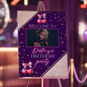 2 Cheetah Print Birthday Welcome Signs, Editable Purple Leopard Cherry Party Decor Poster, Girls Night Out, Download Photo Luxe Gold Glitter