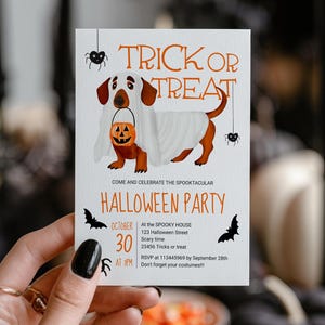 May include: A Halloween party invitation featuring a dachshund in a ghost costume holding a jack-o'-lantern. The invitation includes the text "Trick or Treat" and "Halloween Party," with event details such as the date, time, and location.
