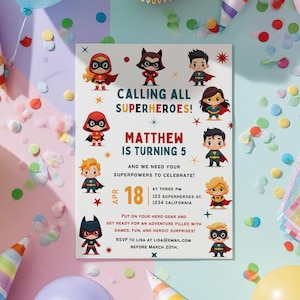 Convite de aniversário de super-heróis para impressão – Modelo de convite para festa infantil editável e fofo, modelo de convite para festa infantil de quadrinhos divertidos