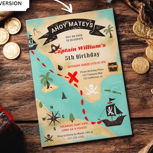 Invitación para fiesta de cumpleaños infantil de piratas: Ahoy Mateys imprimible, ilustraciones de mapas de búsqueda del tesoro para niños