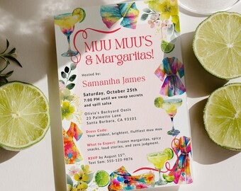 Pink Muu Muus & Margaritas Party Invitation Evite, Girls Night Hawaiian Moomoo Bachelorette Ladies
