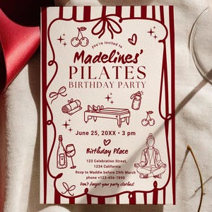 Puede incluir: Una invitación a una fiesta de cumpleaños de Pilates con un fondo crema y acentos burdeos. La invitación incluye el texto "Madelines' PILATES BIRTHDAY PARTY" y los detalles del evento. Cerezas y una cinta roja en el fondo.