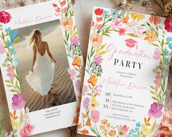 Floral Photo Graduation Invitation + Evite: Hand Painted Bohemian Watercolor Flowers Announcement, Class of 2026