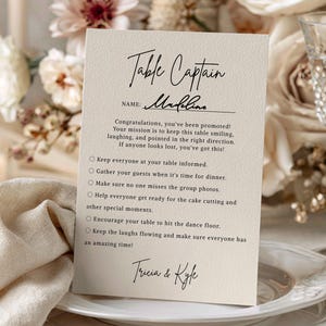 Plantilla para juego de capitán de mesa de boda / Actividad minimalista para romper el hielo con los invitados: Recepción con caligrafía elegante (editable e imprimible)