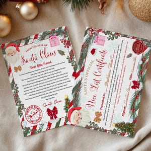 May include: Two Christmas-themed certificates with festive designs. One reads "From the Desk of Santa Claus" and the other "Santa's Official Nice List Certificate." Both feature Santa Claus imagery, bows, and decorative borders.