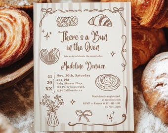 Bun in the Oven Gender Neutral Baby Shower Invitation + Evite: Editable Hand-Drawn Baking-Themed Printable