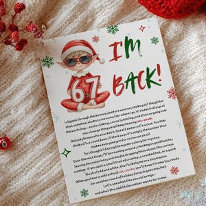 Puede incluir: Tarjeta de felicitación navideña con el texto "I'M BACK!" y una ilustración de un elfo con gafas de sol y el número 67. La tarjeta está decorada con copos de nieve y elementos festivos.