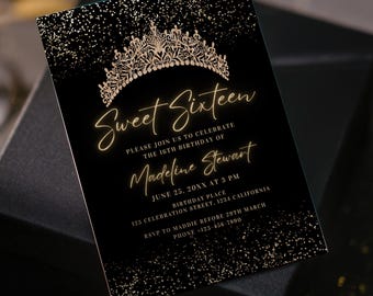 May include: A black Sweet Sixteen birthday invitation with gold text and a gold tiara design. The invitation includes the name "Madeline Stewart", date, time, and location details. Gold glitter accents the design.