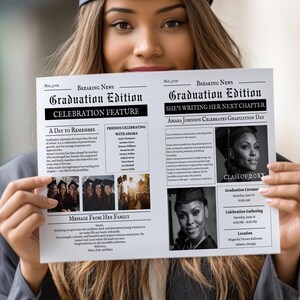 Plantilla de periódico de graduación de 2026, anuncio fotográfico de la fiesta de graduación, revista para estudiantes de último año, programa editable