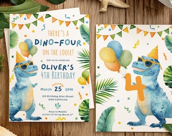 May include: Two invitation cards with a dinosaur theme. The cards feature a blue dinosaur wearing sunglasses and a party hat, holding balloons. Text on the cards reads "THERE'S A DINO-FOUR ON THE LOOSE!" and "OLIVER'S 4TH BIRTHDAY". Decorative elements include green leaves and colorful bunting.