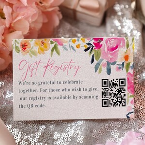 Floral Bridal Shower QR Code Gift Registry Card Template, Watercolor Wedding, Boho Flower Printable