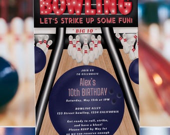 May include: A rectangular bowling-themed birthday invitation card featuring the text BOWLING LET'S STRIKE UP SOME FUN! BIG 10. The design includes illustrations of bowling pins, a bowling ball, and details for Alex's 10th birthday on May 15th at 1PM.