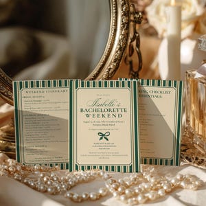 Printable Old Money Green Bachelorette Itinerary Template & Packing Checklist | Trendy Classic Girls Trip Invitation, Chic Country Club Bach