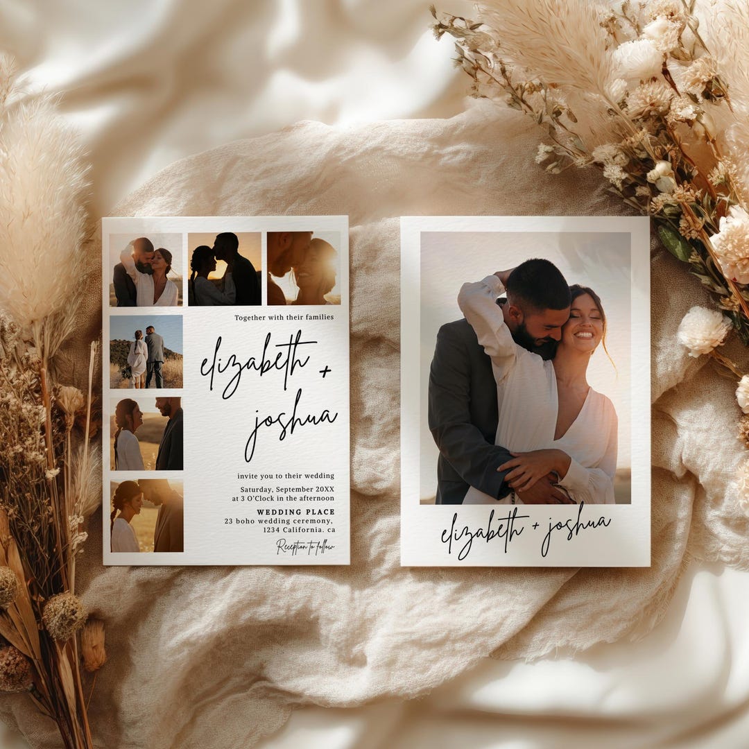 Modern Simple Black White 7 Photo Grid Wedding Invitation: Polaroid ...