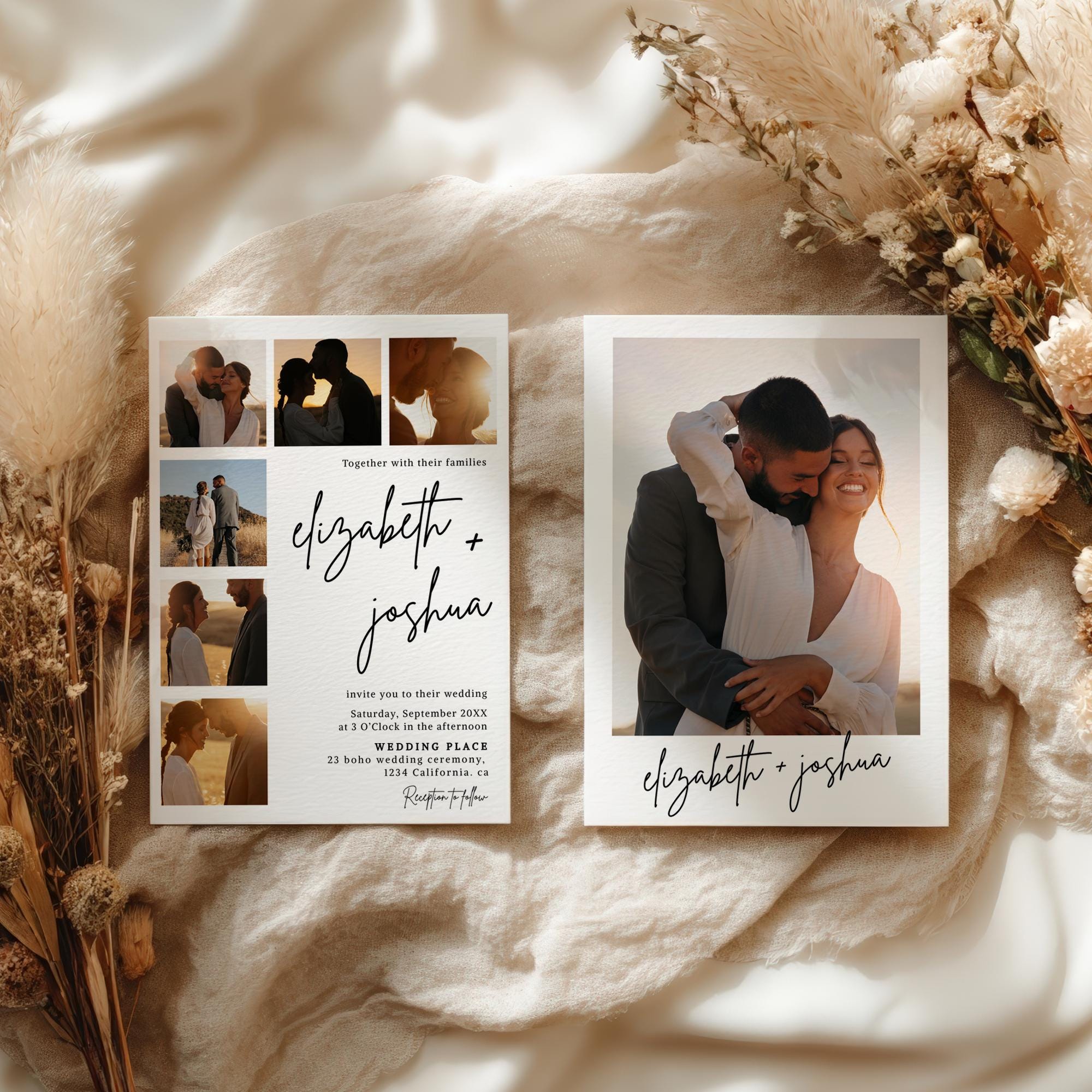 Grid Invitation Modern Simple Black White 7 Photo Grid Wedding Invitation: Polaroid ...