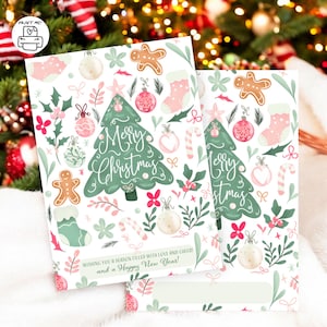 Cartão de Natal extravagante em tons pastel para impressão digital, download digital, lindo cartão de Natal rosa, moderno cartão plano de Natal ilustrado à mão, árvore de Natal