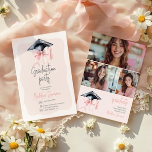 Invitación de graduación con lazo rosa y azul (3 fotos), plantilla editable para anunciar la graduación de 2025, plantilla imprimible para fiesta de graduación.