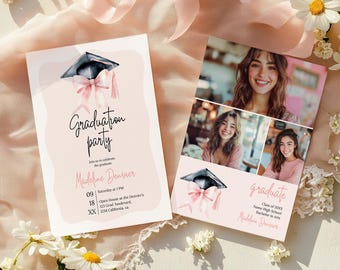 Invito alla laurea con fiocco rosa e blu Coquette, 3 foto, modello modificabile per annuncio di invito, classe del 2025, modello stampabile per festa di laurea