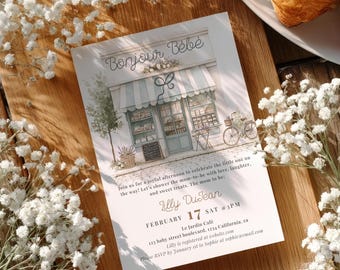 Printable Retro Parisian Café Bonjour Bébé Baby Shower Invitation, French Bakery Theme, cute vintage baby shower, gender neutral baby shower