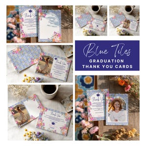 Tarjetas de agradecimiento de graduación con azulejos mediterráneos y flores silvestres rosas, opciones de retrato horizontal o foto - Imprimible Boho rosa y naranja