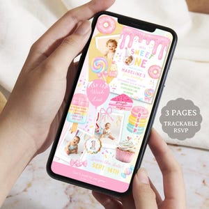 May include: A digital invitation displayed on a smartphone screen featuring a pink theme with illustrations of doughnuts, macarons, cupcakes, and lollipops. The text reads "She is a sweet one," "Madeline's first birthday," and "Save the date Sept. 14th."