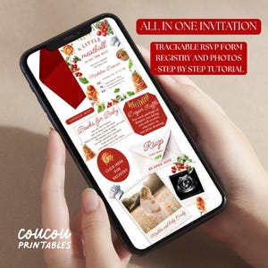 Puede incluir: Una invitación digital para baby shower en la pantalla de un teléfono inteligente con temática de espaguetis y albóndigas. El diseño incluye secciones para rifa de pañales, libros, registro, formulario de confirmación de asistencia y mapa.