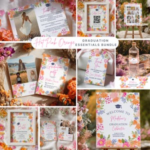 May include: A selection of graduation party stationery, including invitations, thank you cards, and a guest book. The items feature floral designs in hot pink, orange, and blue. Some items have photos and text that reads "Thank You" and "Graduation Party".