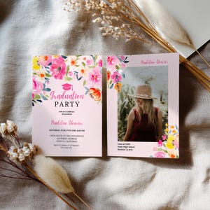 Anúncio de formatura com foto romântica e floral Boho rosa para impressão, modelo editável para formatura, turma de 2025, flores pintadas à mão