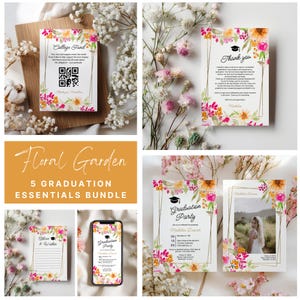 5 druckbare handbemalte florale Abschlussfeier Mini Bundle | Digitale Einladung, Danke, Hinweise & Wünsche, College Fund Card, Evite Template