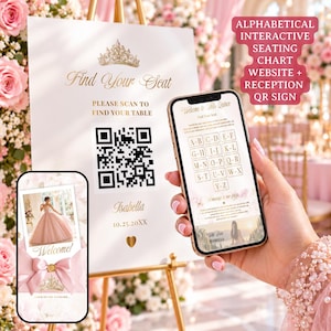 May include: A white reception sign on a gold easel featuring a gold crown icon, the text Find Your Seat, a QR code, the name Isabella, and the date 10.25.20XX. A smartphone displays an interactive seating chart website with alphabetical buttons.