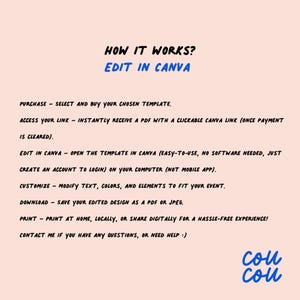 May include: A light pink graphic with the text "HOW IT WORKS? EDIT IN CANVA". Instructions include purchasing a template, accessing a link, editing in Canva, customizing, downloading, and printing. The bottom right corner features the text "cou cou" in blue.