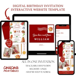 May include: A digital birthday invitation interactive website template featuring a red envelope graphic with the text You have mail from WILLIAM. The layout includes a birthday invitation, a photo of a child, and a trackable RSVP form.