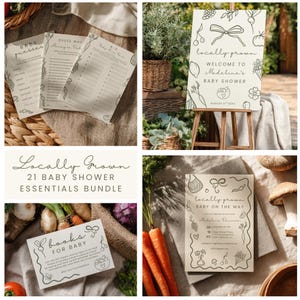 May include: A collection of baby shower essentials with a locally grown theme. Includes invitation, games, and a welcome sign with illustrations of vegetables and fruits. The bundle is designed with a rustic, hand-drawn aesthetic.