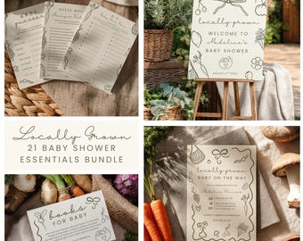 Zestaw na baby shower z lokalnie uprawianych produktów, edytowalne zaproszenie na targowisko dla dzieci, znaki, gry, oryginalne, rysowane ręcznie