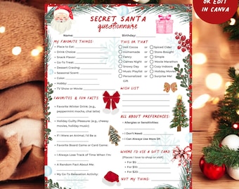 Festive Christmas Secret Santa Questionnaire Printable, Christmas Gift Exchange Favorites Survey PDF, Editable Digital Download, Fun Office