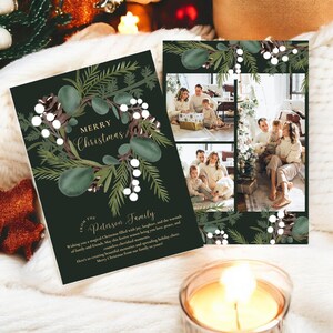 Kerst groene krans familie 3 foto's kaartsjabloon, digitale download bewerkbare xmas fotokaart, vakantie foto kaartsjabloon, nieuwjaarswens