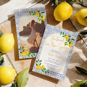 Convite para chá de panela em azulejo italiano azul-limão moderno para impressão com foto opcional, modelo Evite grátis, chá de panela amarelo-verão