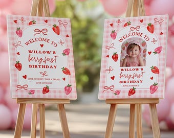 Coquette Bows Berry First Year Birthday Welcome Signs: Summer Strawberries Pink Gingham Checkers Hearts, Photo Option