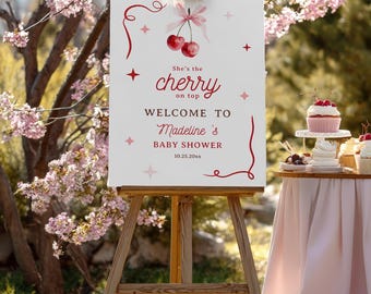 Coquette Bow Pink Cherry On Top Girl Baby Shower Welcome Sign: Printable Digital Download