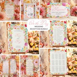 May include: A wedding reception bundle featuring floral-themed stationery. Includes welcome signs, reserved table cards, and seating charts. The designs incorporate colorful flowers and elegant script fonts, perfect for a wedding.